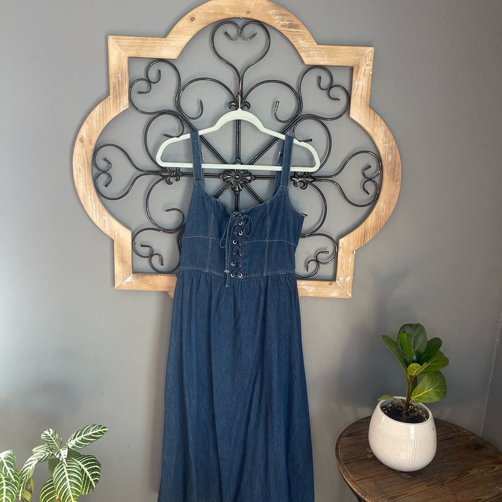 Blu Pepper Navy Blue Denim Midi Dress with Lace-Up Bodice